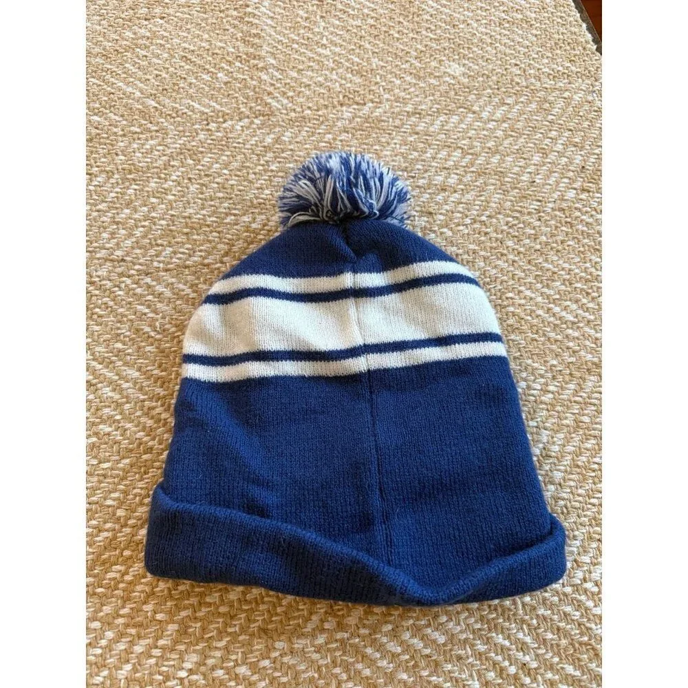 Blue & White Striped Pom Beanie